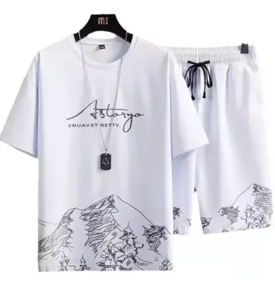 2Pcs/Set Men Outfit O-Neck Short Sleeve Elastic Waistband T-shirt Shorts Set Mountain Print Drawstring Pockets Casual Outfit
